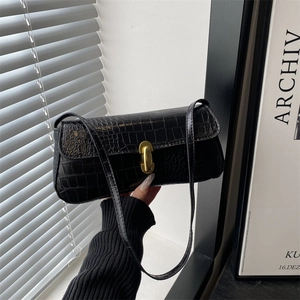 Retro black crocodile embossed leather underarm bag with gold metal buckle closure