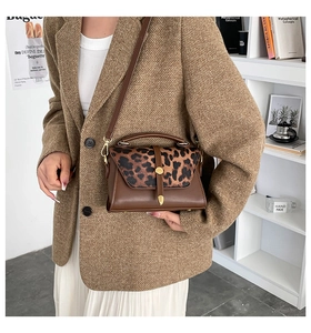 Detail of vintage brown leather bag featuring a leopard print flap and gold clasp