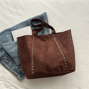 Retro dark brown suede tote bag with silver rivets and large capacity shoulder straps