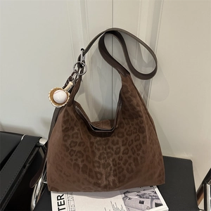 Vintage Leopard Print Hobo Shoulder Bag For Women Faux Suede Large Capacity Tote Bag Retro Casual Underarm Bag Commute