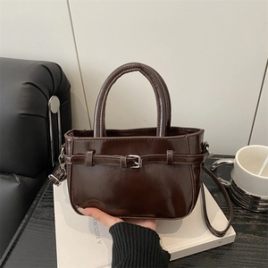 Retro dark brown polished leather crossbody square bag with top handle and strap