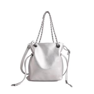 Metallic silver bucket bag with chain strap and drawstring detail for women
