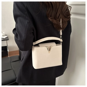 Model wearing a small beige crossbody bag with gold V-detail over a black blazer