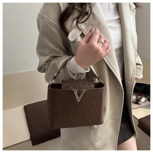 Detail of dark brown leopard print handbag with a gold V-shaped buckle and luxury matte leather