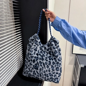 Blue leopard print plush tote bag with braided rope handle and large capacity design