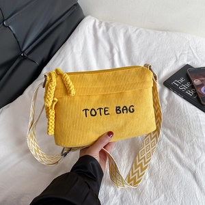 Women Corduroy Tote Bag Embroidery Letter Crossbody Bag Casual Small Square Handbag With Wide Pattern Strap Fashion Bag