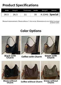 Detailed size chart for large capacity shoulder tote bag with specific dimensions and colors