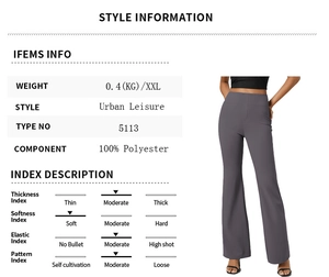 Detailed size chart and fabric specs for gray high-waisted flared yoga pants