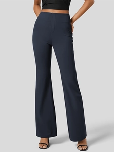 Women's high waist flare yoga pants in navy blue with slimming push up fit and smooth texture