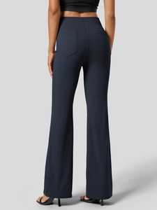 High-waisted navy flare yoga pants with rear pockets and body-contouring lift effect
