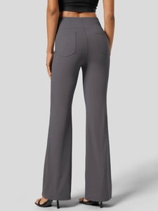 High waist dark grey yoga flare pants with rear pockets for a slimming butt lift effect
