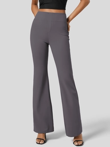 High-waisted charcoal grey yoga flare pants featuring lifting effect and wide leg silhouette
