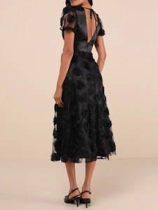 Damen 3D-Rosenkleid aus Satin und Mesh mit V-Ausschnitt und Rückenausschnitt für Partys