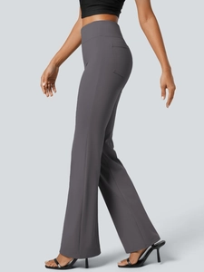 Detail view of high waist charcoal flare pants with back pockets and seamless stitching