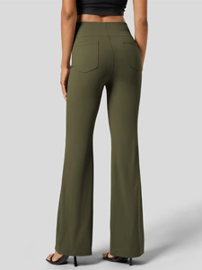 Detail shot of high-waisted olive green flare yoga pants showing back lifting effect