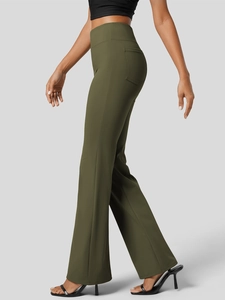 Detail view of olive green high-waisted flared yoga pants with a practical side back pocket