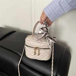 Mini Quilted Rhombus Crossbody Bag For Women Fashion PU Leather Shoulder Bag With Scarf Decoration And Metal Chain Strap