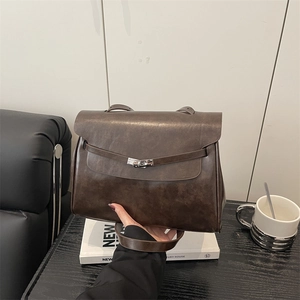 Vintage PU Leather Large Tote Bag For Women Classic Lock Design Solid Color Shoulder Crossbody Bag Elegant Commuting Handbag