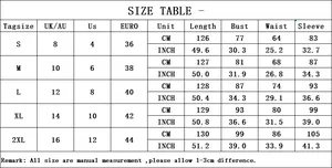 Detailed size chart for V-neck knit dress showing S-2XL measurements in CM and INCH