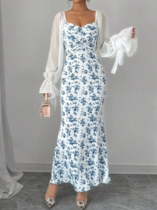 Floral knit bodycon maxi dress with sheer mesh long sleeves and bow tied cuffs