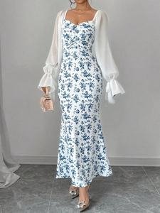 Elegant floral print V-neck maxi dress with chiffon lantern sleeves and a fishtail hemline