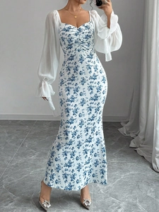 Floral knit V-neck long dress with chiffon puff sleeves and elegant mermaid hem design