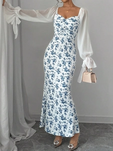 Floral print maxi dress with chiffon lantern sleeves and V-neck slim fit design