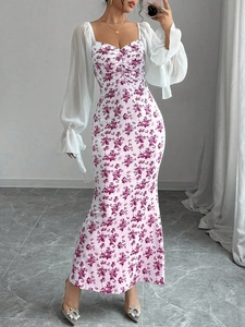 Detail of V-neck floral knit dress with sheer chiffon lantern sleeves and tie cuffs