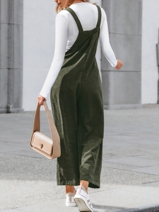 Deep green corduroy wide-leg overalls for women with adjustable straps and casual fit