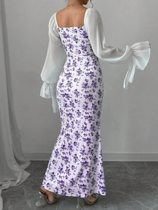 Detail of floral print dress with sheer chiffon lantern sleeves and cuff ribbon ties