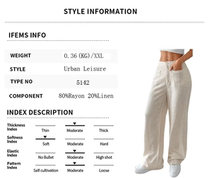 Dettaglio dei pantaloni in lino beige con composizione del materiale e specifiche del capo