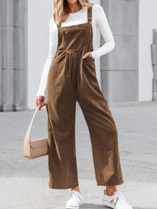 Brown corduroy wide-leg overalls with adjustable straps and high waist for casual wear