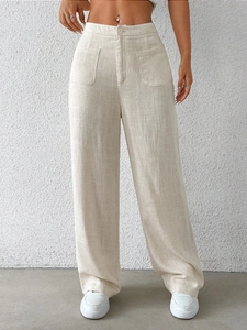 Pantaloni larghi da donna in cotone e lino a vita alta beige con tasche frontali casual
