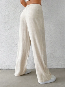 Pantaloni casual da donna in cotone e lino a gamba larga beige con vita alta elastica