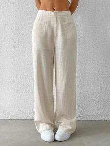 Pantaloni beige in lino a gamba larga da donna con vita alta e tasche laterali moda