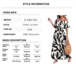 Leaf print off-shoulder maxi dress specification chart showing material and fit details