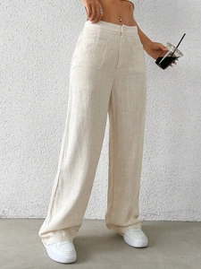 Pantaloni casual donna in cotone e lino beige a gamba larga con vita alta e tasche