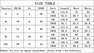 Size chart for women leaf print maxi dress including US, UK, AU, and EURO dimensions