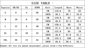 Tabla de tallas detallada para vestido largo de verano con medidas US/UK/EU de mujer