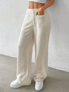 Pantaloni beige a gamba larga in cotone e lino a vita alta con tasche frontali donna