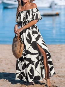 Off-shoulder bohemian leaf print maxi dress with high side slit and ruffled neckline