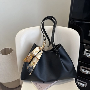 Black minimalist large tote bag with contrast stitching and vintage silk scarf detail