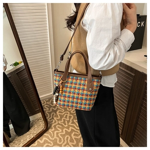 Detail of colorful tweed tote bag with leather straps and beaded charm on model