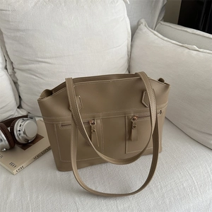 Large capacity khaki brown soft leather tote bag with stylish exterior double zippers