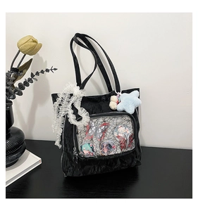 Macro detail of black nylon ita bag with transparent PVC front pocket for pins and lace trim