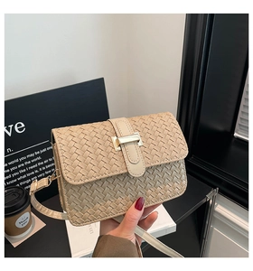 Detailed close-up of beige woven texture and gold metal buckle on a stylish flap handbag