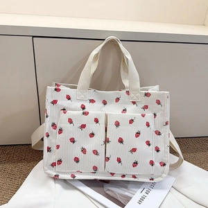 Casual Corduroy Women Tote Bag Strawberry Bow Print Shoulder Bag Large Capacity Crossbody Bag With Pockets For Daily Use