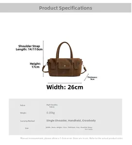 Detailed size chart for the brown handbag with dimensions 26x17x9cm and strap info