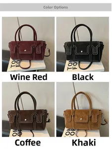 Detailed comparison of vintage suede shoulder bags in burgundy, black, brown and khaki