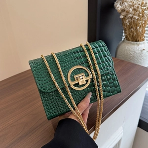 Fashion Crocodile Pattern PU Leather Crossbody Bag Gold Metal Chain Strap Round Buckle Small Square Shoulder Bag For Women